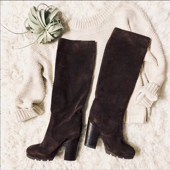 MICHAEL KORS Chocolate Brown Suede Leather Knee High Chunky Heel Boot Boots 9 - Picture 6 of 7